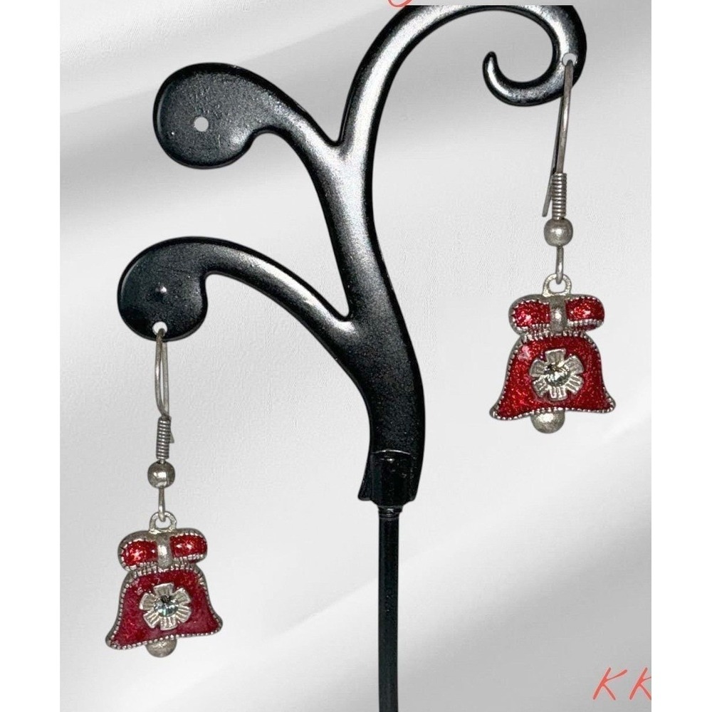 Laila Rowe Red Enamel Christmas Bell Drop Earrings Rhinestone Holiday